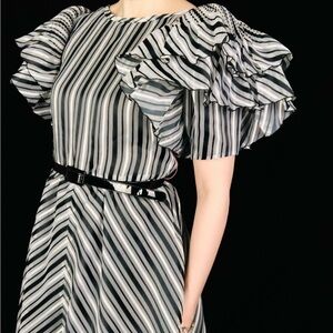 Vintage 1980s Black White Grey Chevron Striped Origami Puff Sleeve Gown